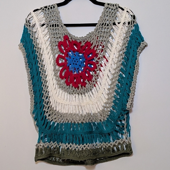 Boho Crochet Knit Top Multicolor Flower Design Festival Hippie Style Batwing - Picture 4 of 14